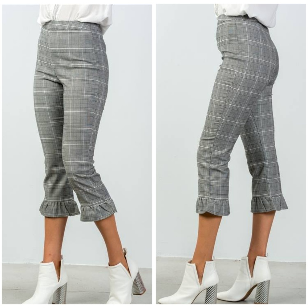 HEATHER PLAID HIGH WAIST RUFFLE CROP PANTS - Picture 3 of 6